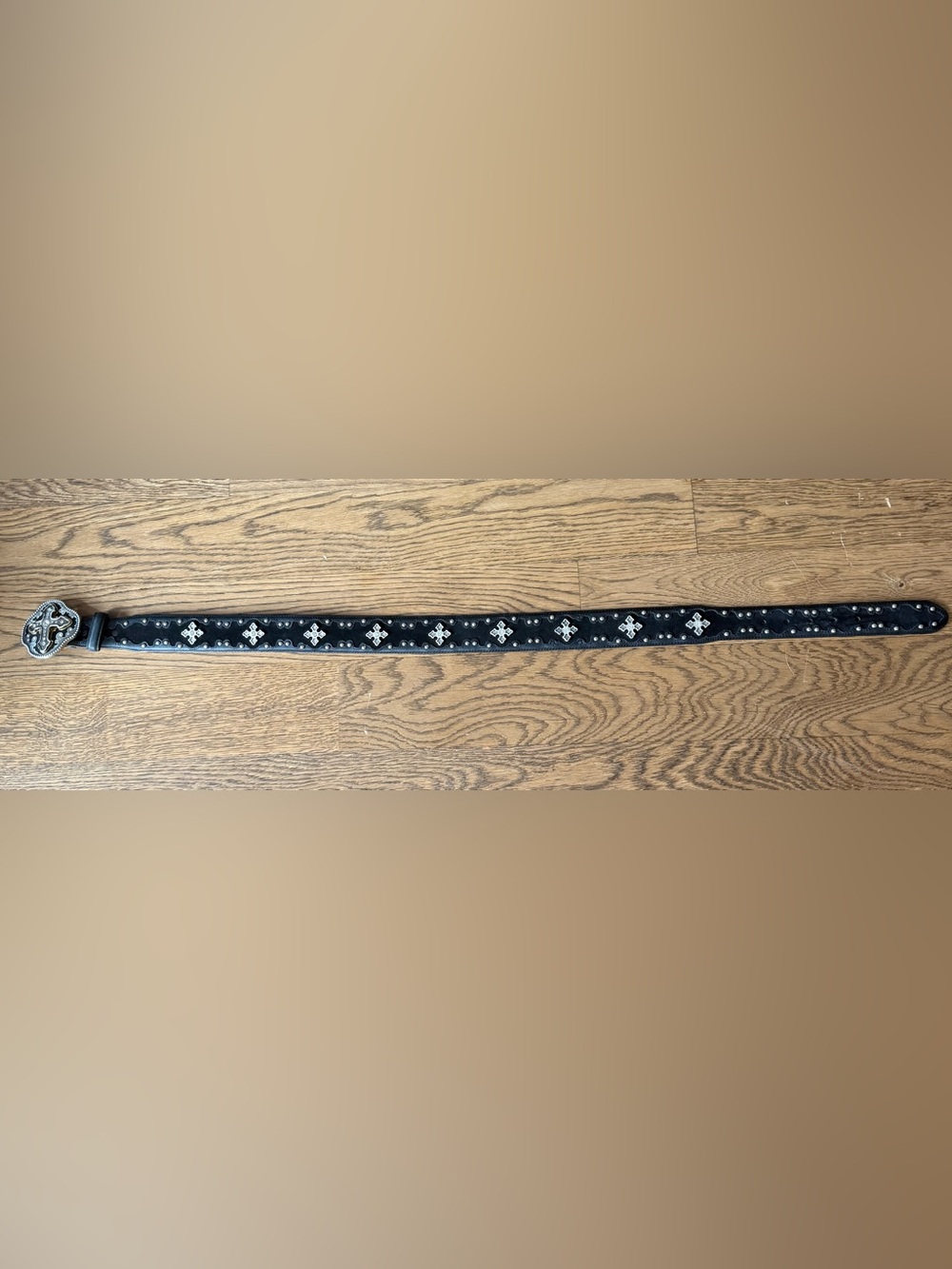 Justin Western Black Suede/Leather Studded Belt with Rhinestone Cross Buckle